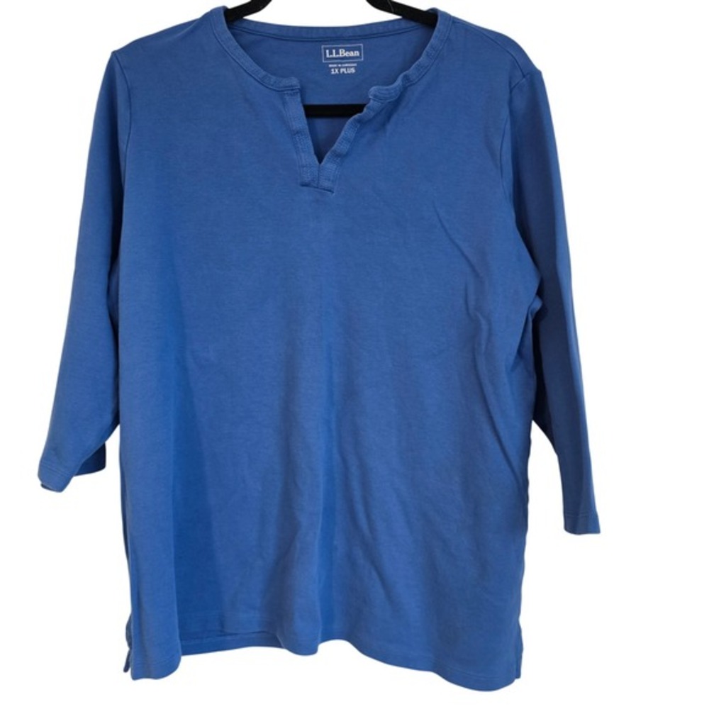 LLBean Blue Cotton 3/4 Sleeve V-Neck Henley Plus Size 1X Tunic‎ Top